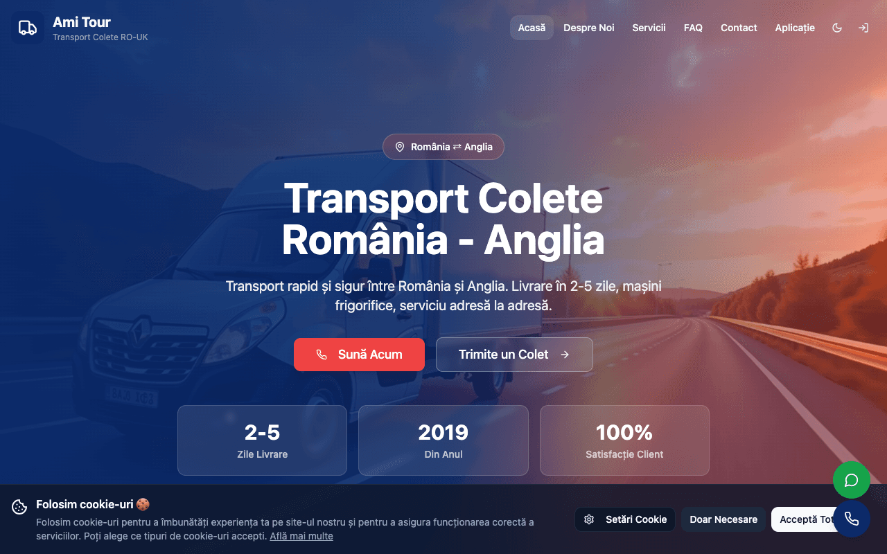 Ami Tour — site transport colete România Anglia, pagina principală desktop