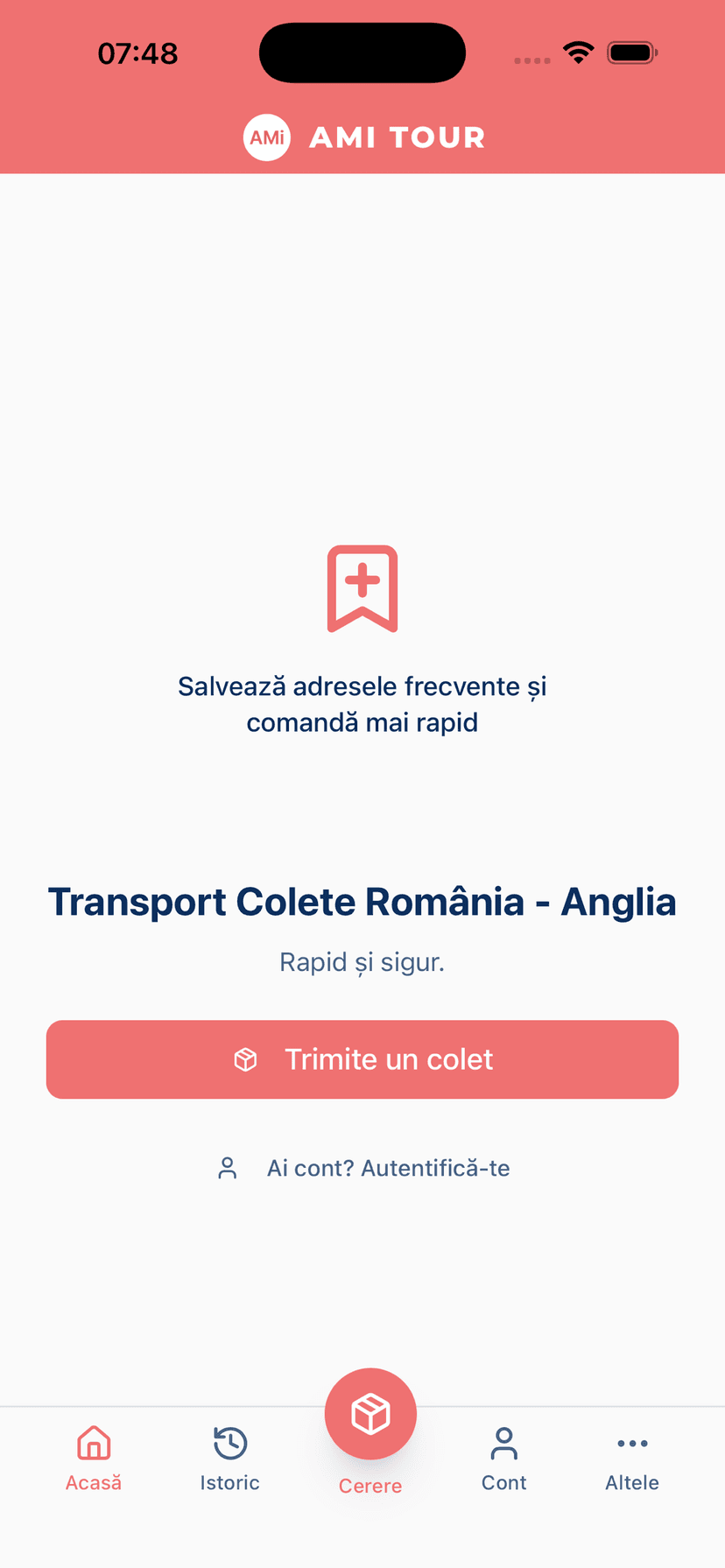 Ami Tour App — aplicație mobilă transport colete România Anglia, ecran principal