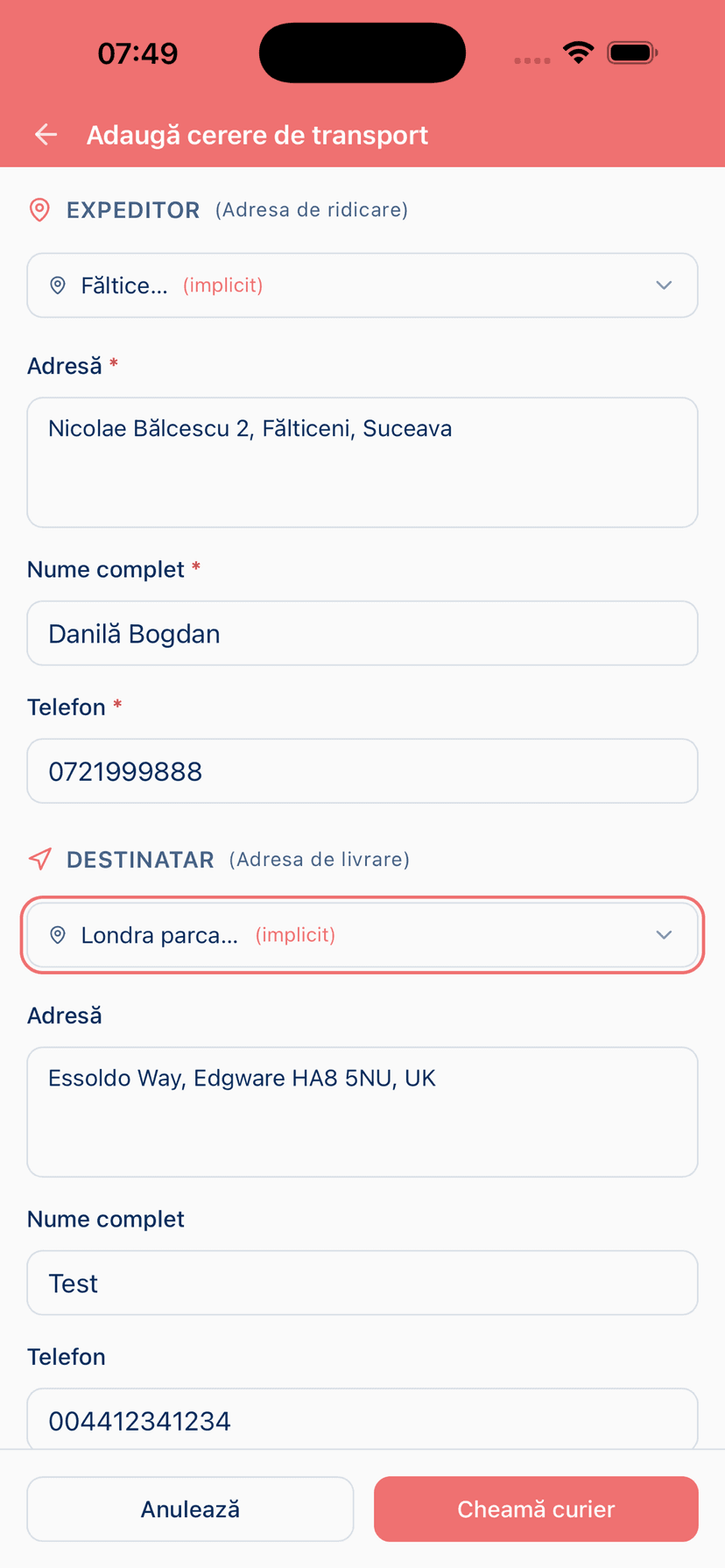 Ami Tour App — formular cerere transport colete cu adrese expeditor și destinatar