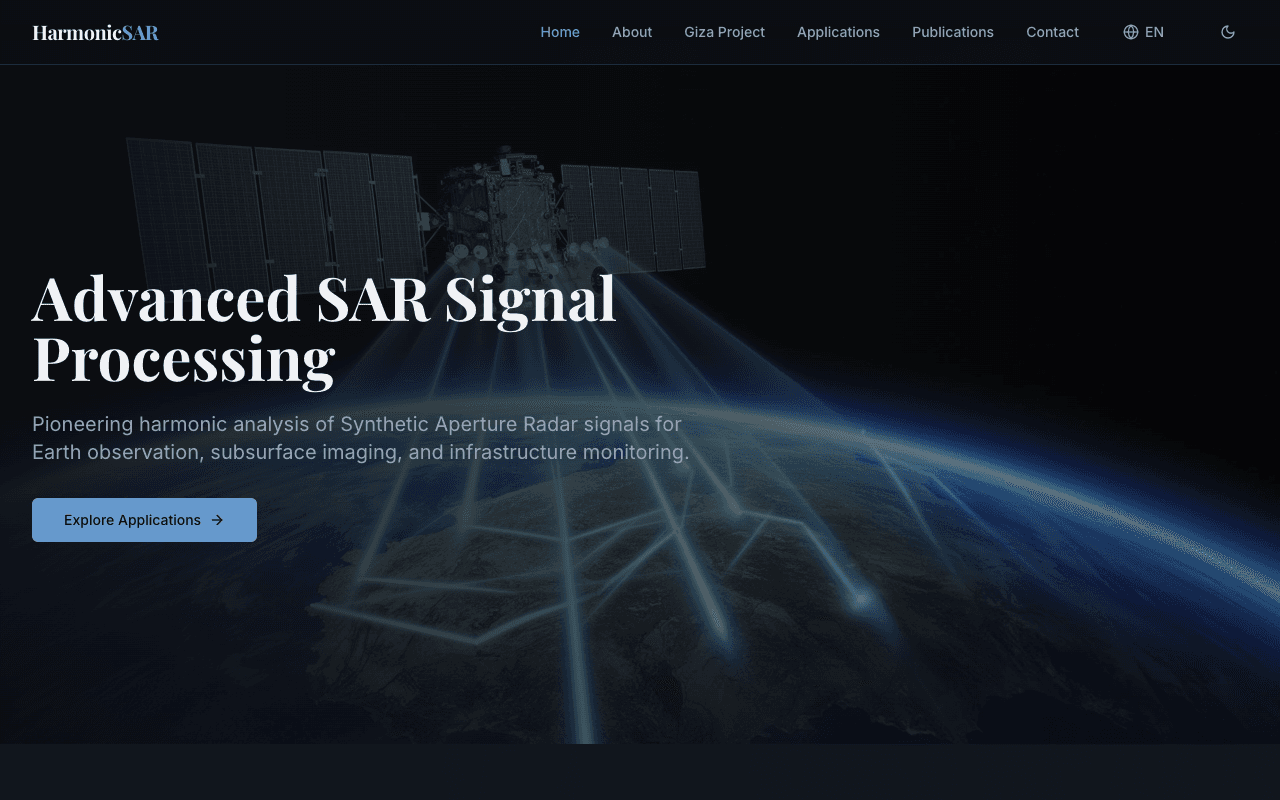 HarmonicSAR — site cercetător SAR Dr. Filippo Biondi, dark mode, design editorial