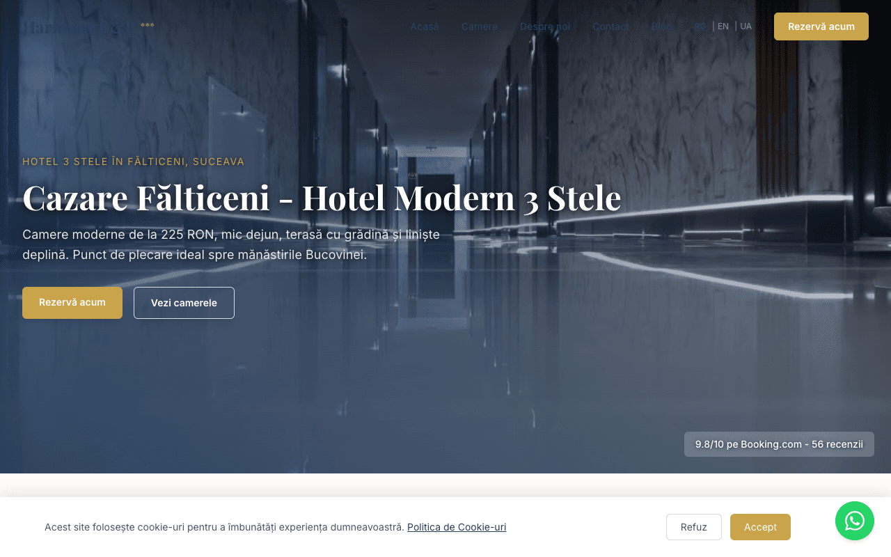 Harmony Bed and Breakfast — site trilingv hotel Fălticeni, pagina principală