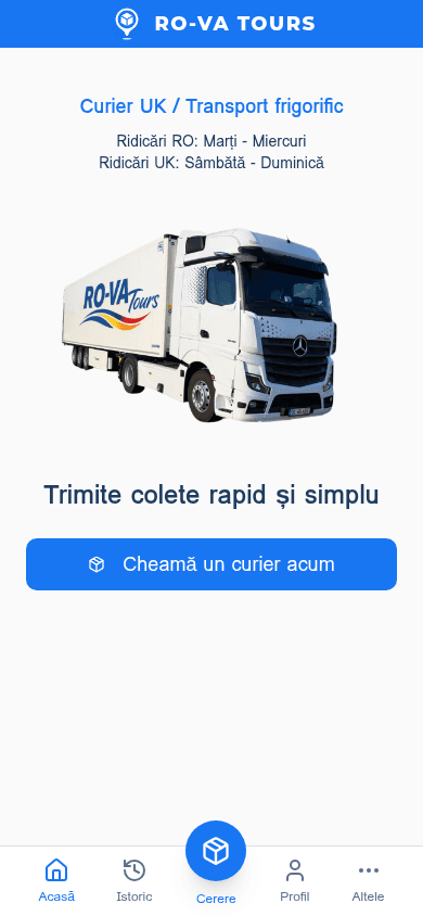RO-VA Tours — aplicație curierat România Anglia, ecran principal cu cerere transport