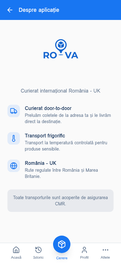 RO-VA Tours — pagina despre aplicație, servicii curierat door-to-door și transport frigorific