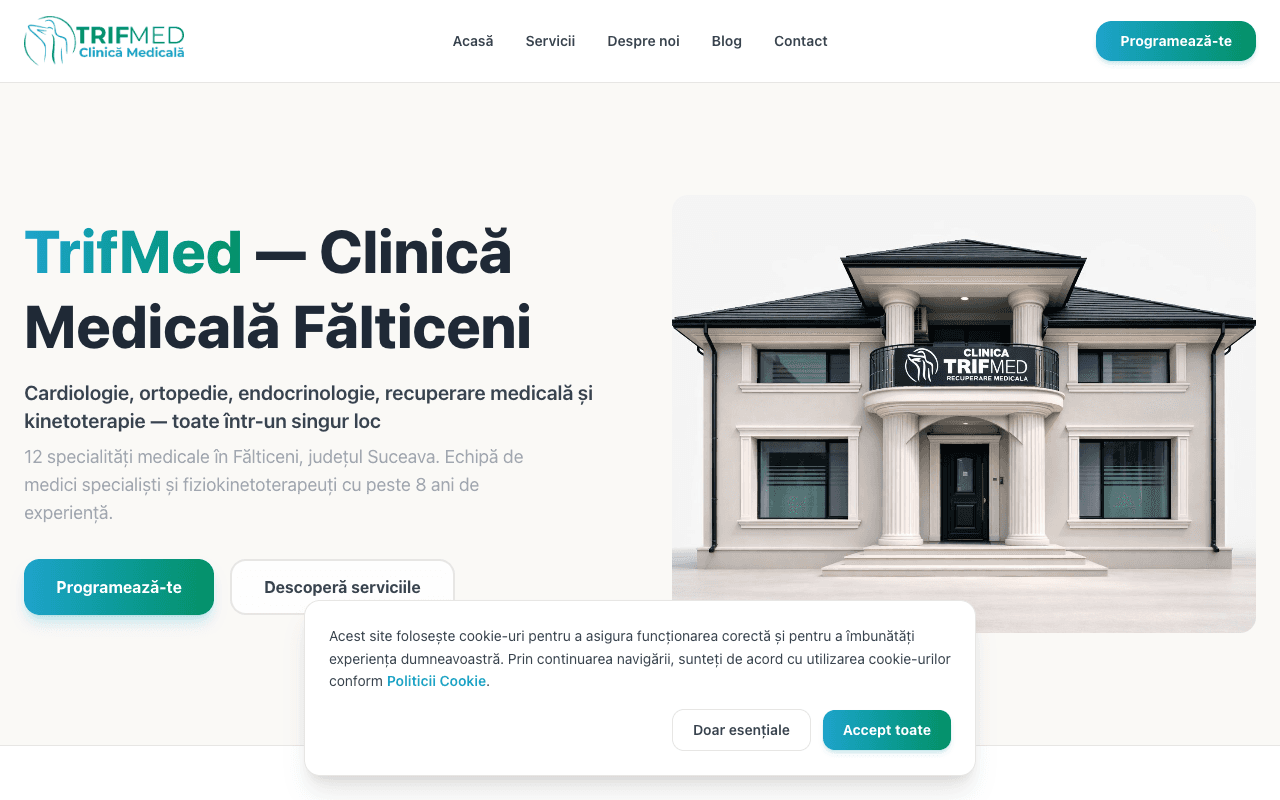 TrifMed — site clinică medicală Fălticeni, pagina principală cu specialități medicale
