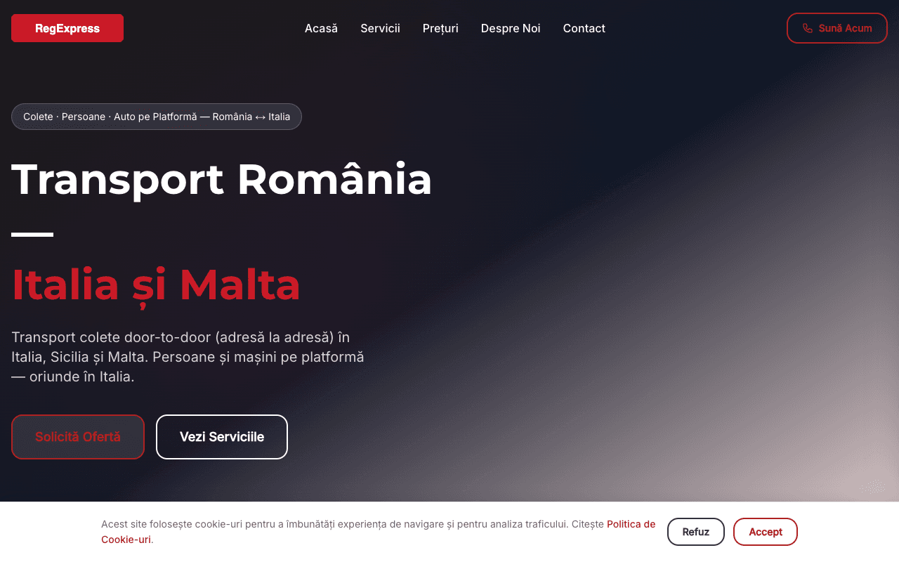 RegExpress — site transport colete România Italia, 39 pagini SEO